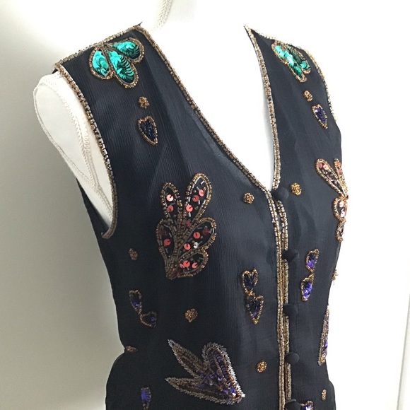 Rare 1990s Vintage Silk Sequin and Bead Vest ASO Phoebe Buffay in Friends - Picture 8 of 16